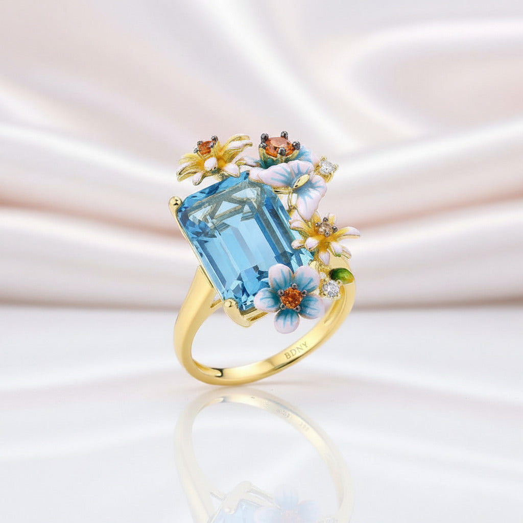 Delicate Enamel Butterfly & Flower Ring-Black Diamonds New York