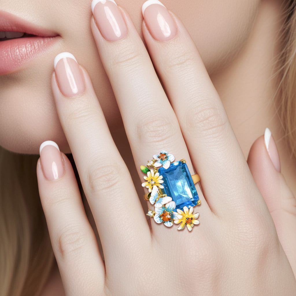 Delicate Enamel Butterfly & Flower Ring-Black Diamonds New York