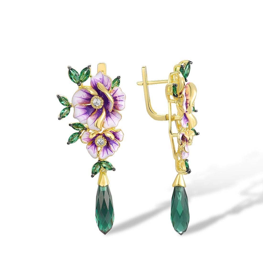 Delicate Enamel Flower with EVN Stone Drop Earrings-Black Diamonds New York