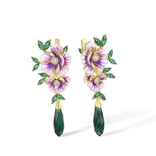Delicate Enamel Flower with Created Diamond Drop Earrings-Black Diamonds New York