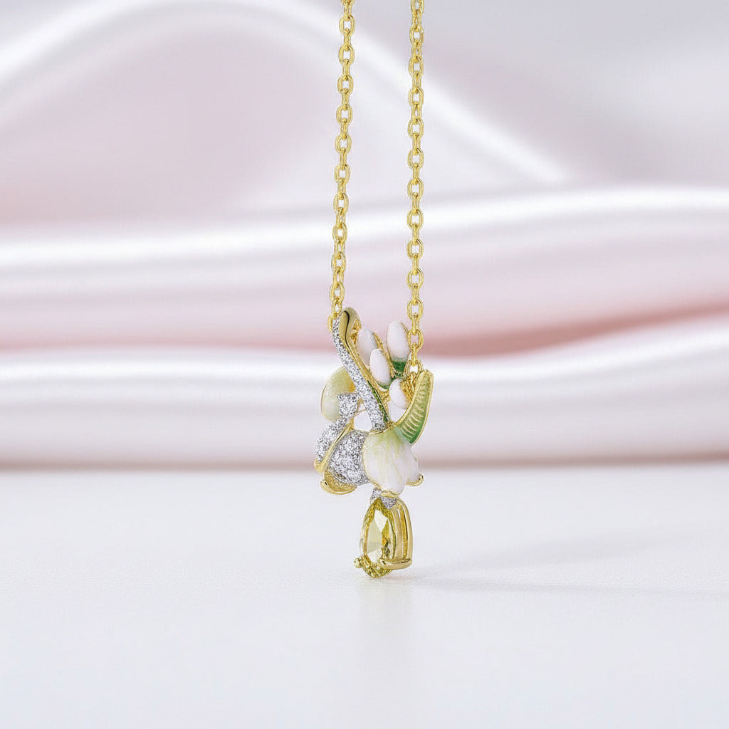 Delicate Enamel Flower with Diamond Option Necklace-Black Diamonds New York