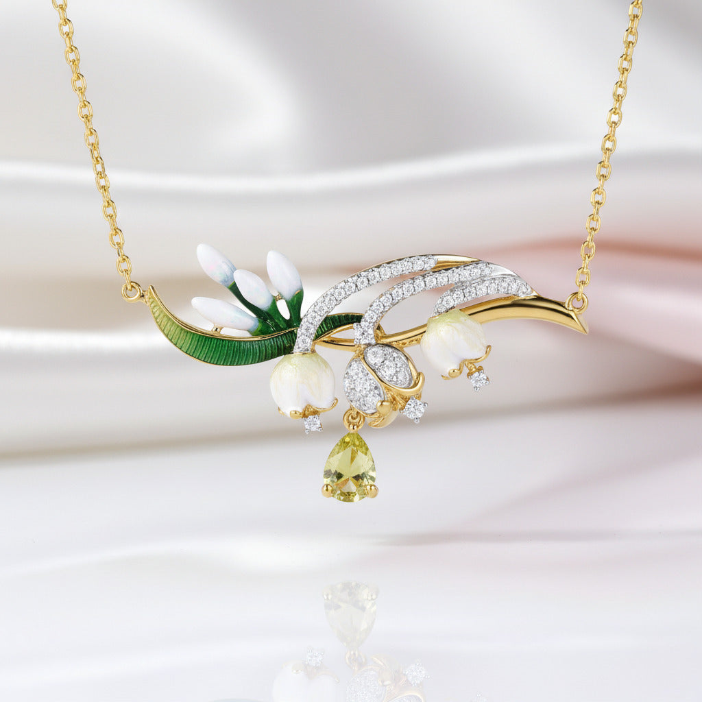 Delicate Enamel Flower with Diamond Option Necklace-Black Diamonds New York