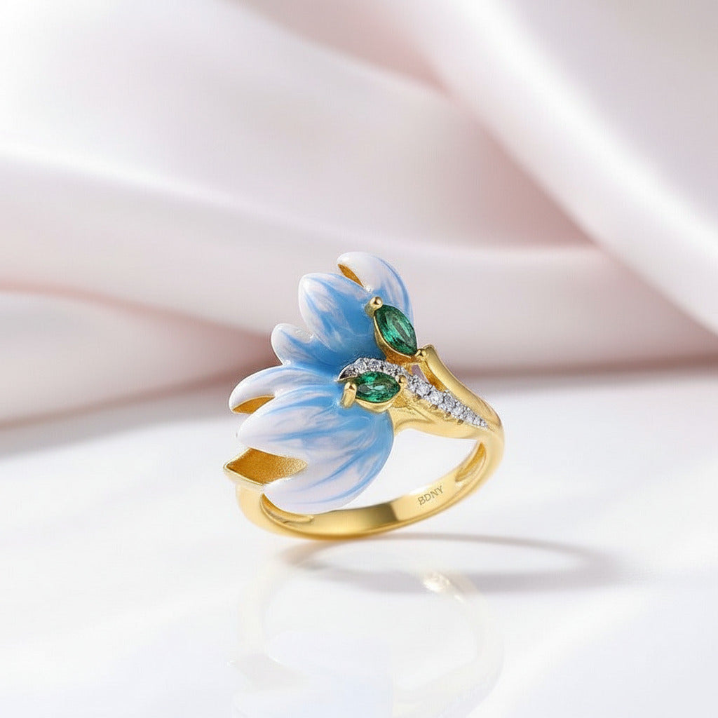 Delicate Enamel Orchid Flower Ring-Black Diamonds New York