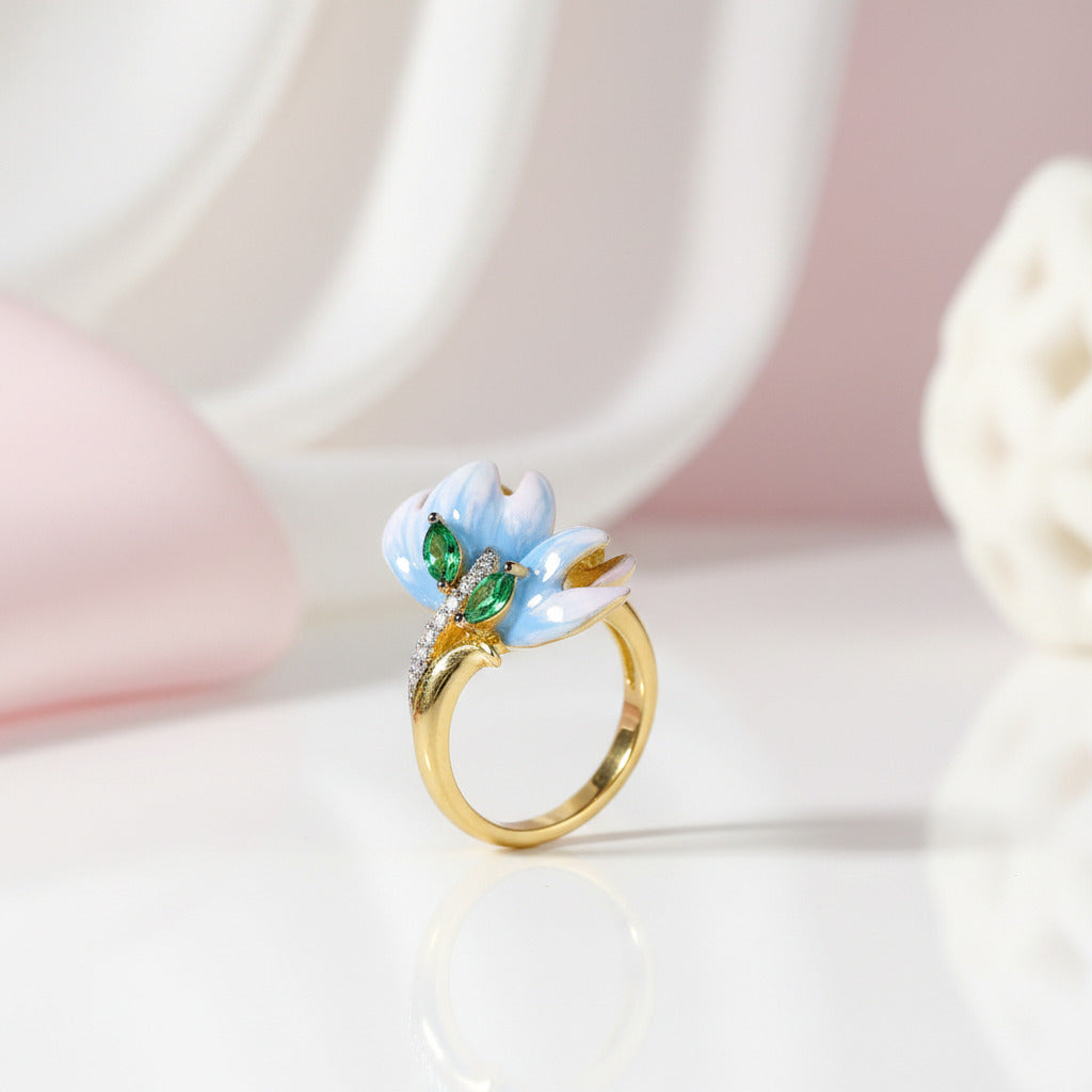 Delicate Enamel Orchid Flower Ring – Black Diamonds New York