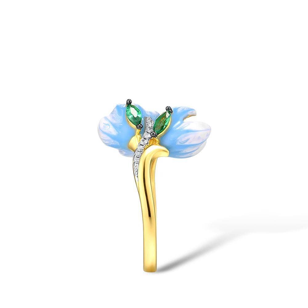 Delicate Enamel Orchid Flower Ring-Black Diamonds New York
