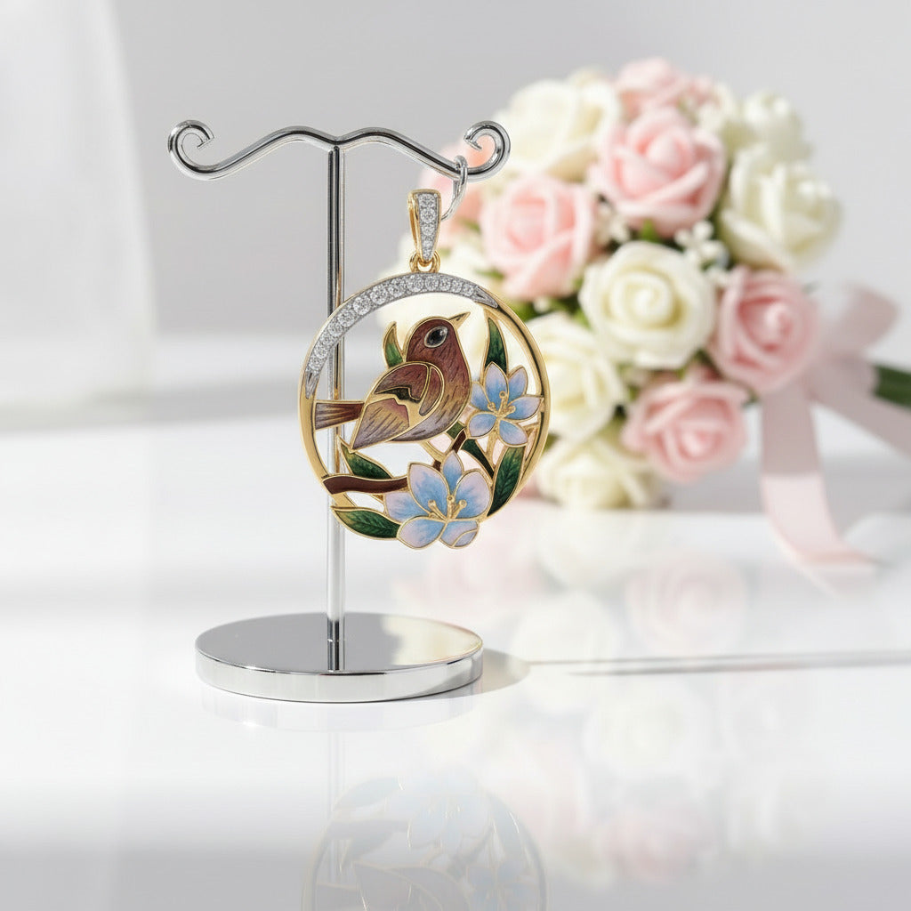 Delicate Enamel Sparrow & Flower Pendant-Black Diamonds New York