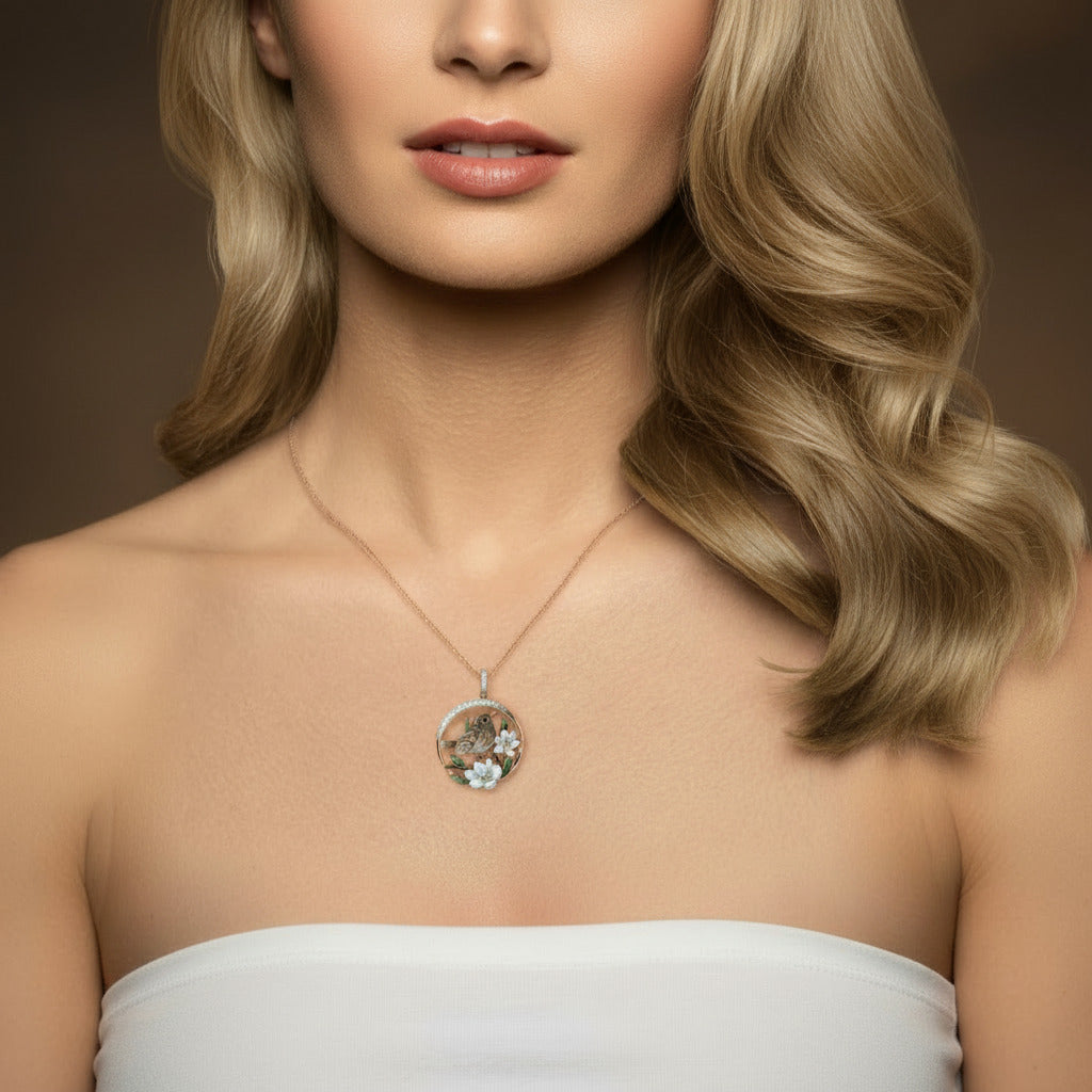 Delicate Enamel Sparrow & Flower Pendant-Black Diamonds New York