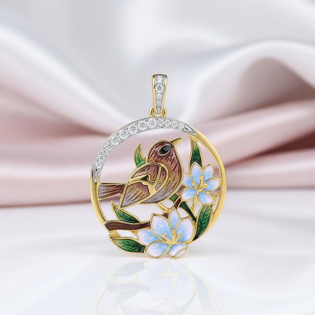 Delicate Enamel Sparrow & Flower Pendant-Black Diamonds New York