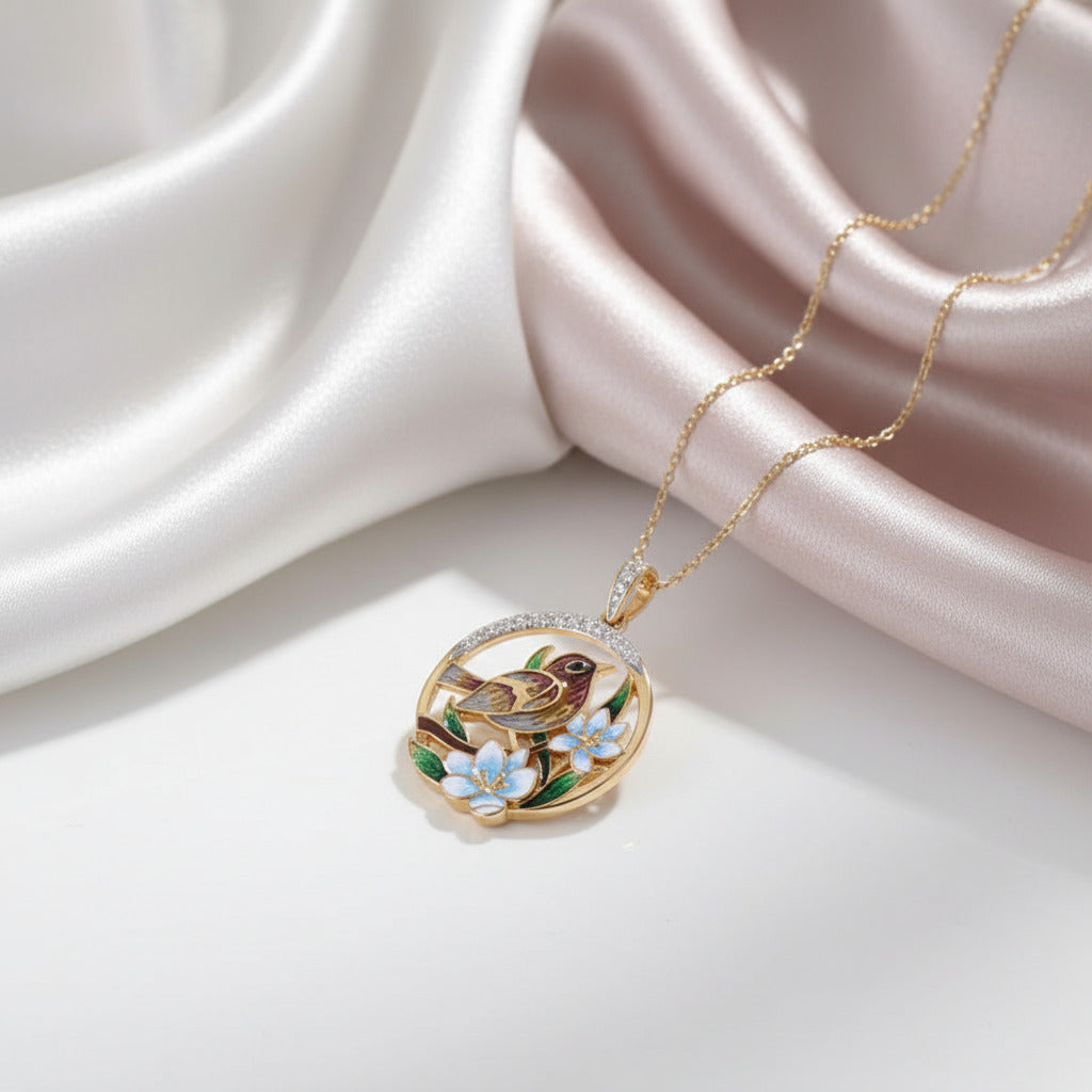 Delicate Enamel Sparrow & Flower Pendant-Black Diamonds New York