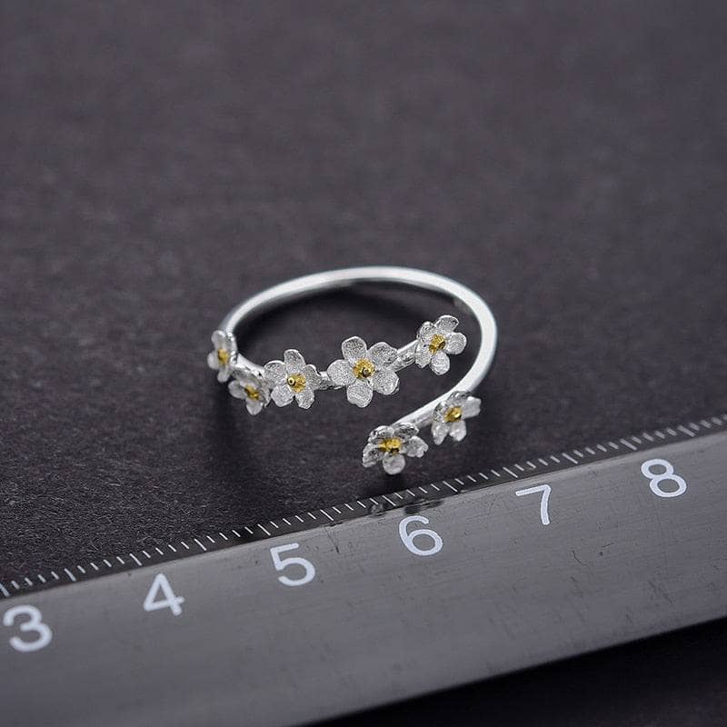 Delicate Forget-Me-Not Flower Adjustable Ring-Black Diamonds New York