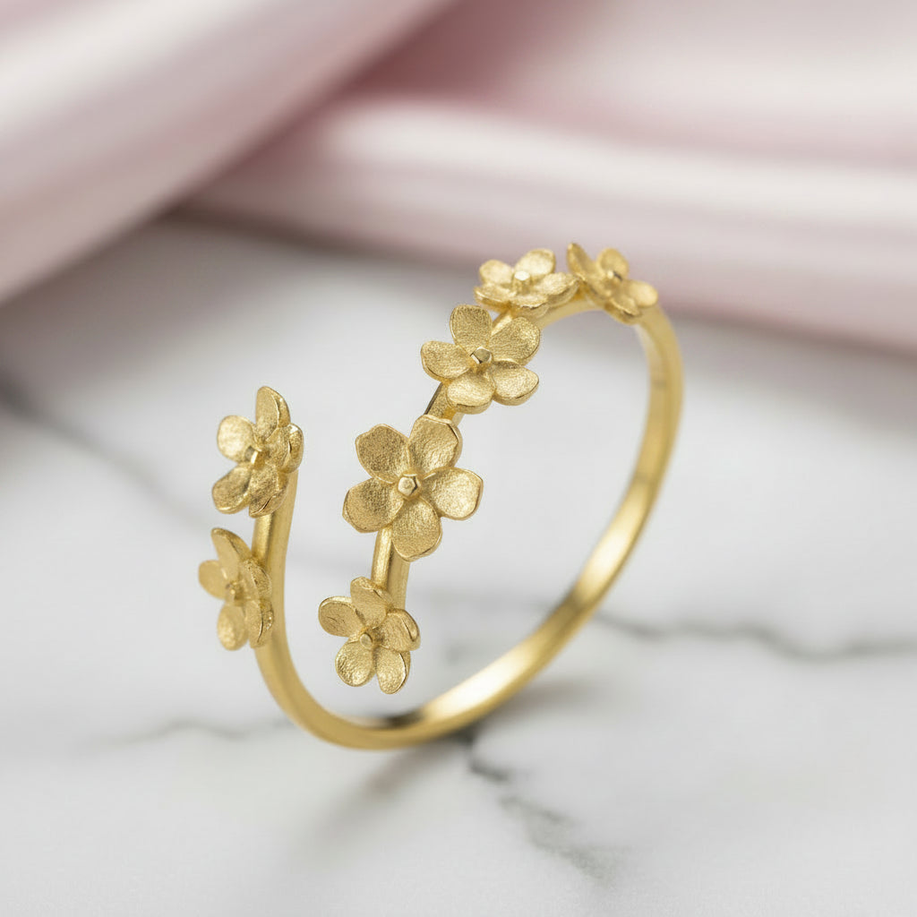 Delicate Forget-Me-Not Flower Adjustable Ring-Black Diamonds New York