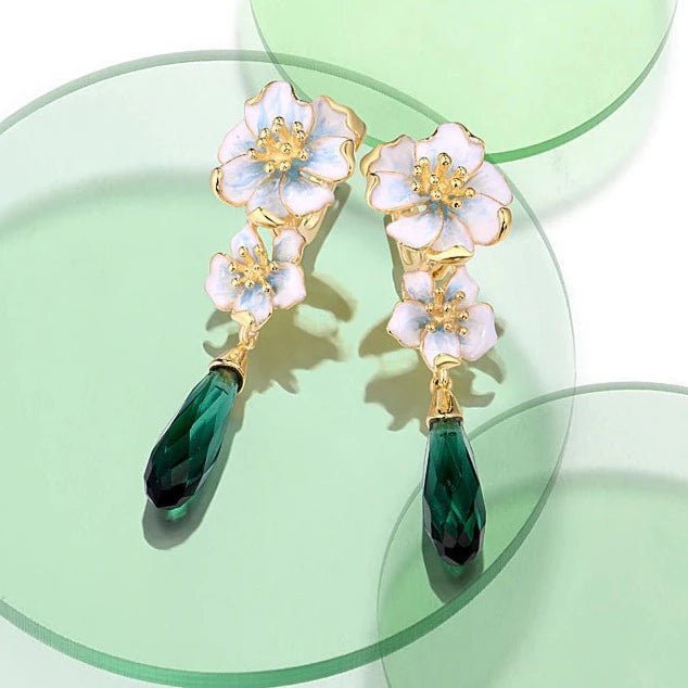 Delicate Green Enamel Flower Earrings-Black Diamonds New York