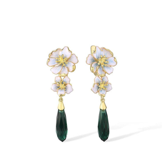 Delicate Green Enamel Flower Earrings-Black Diamonds New York