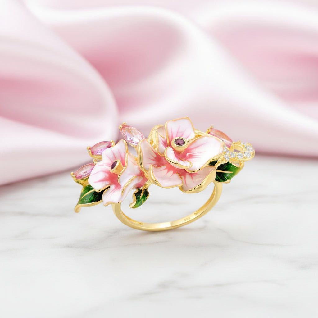 Delicate Red & Pink Enamel Flower Ring with Diamond Option-Black Diamonds New York