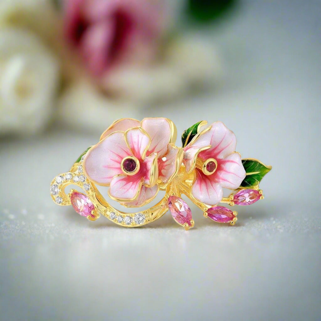 Delicate Red & Pink Enamel Flower Ring with Diamond-Black Diamonds New York