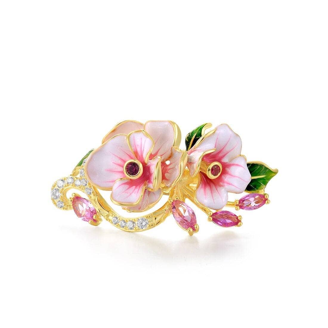 Delicate Red & Pink Enamel Flower Ring with Created Diamond-Black Diamonds New York