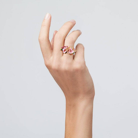 Delicate Red & Pink Enamel Flower Ring with EVN Stone-Black Diamonds New York