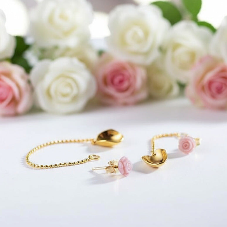 Delicate Sea Shell Rose Petals Drop Earrings-Black Diamonds New York