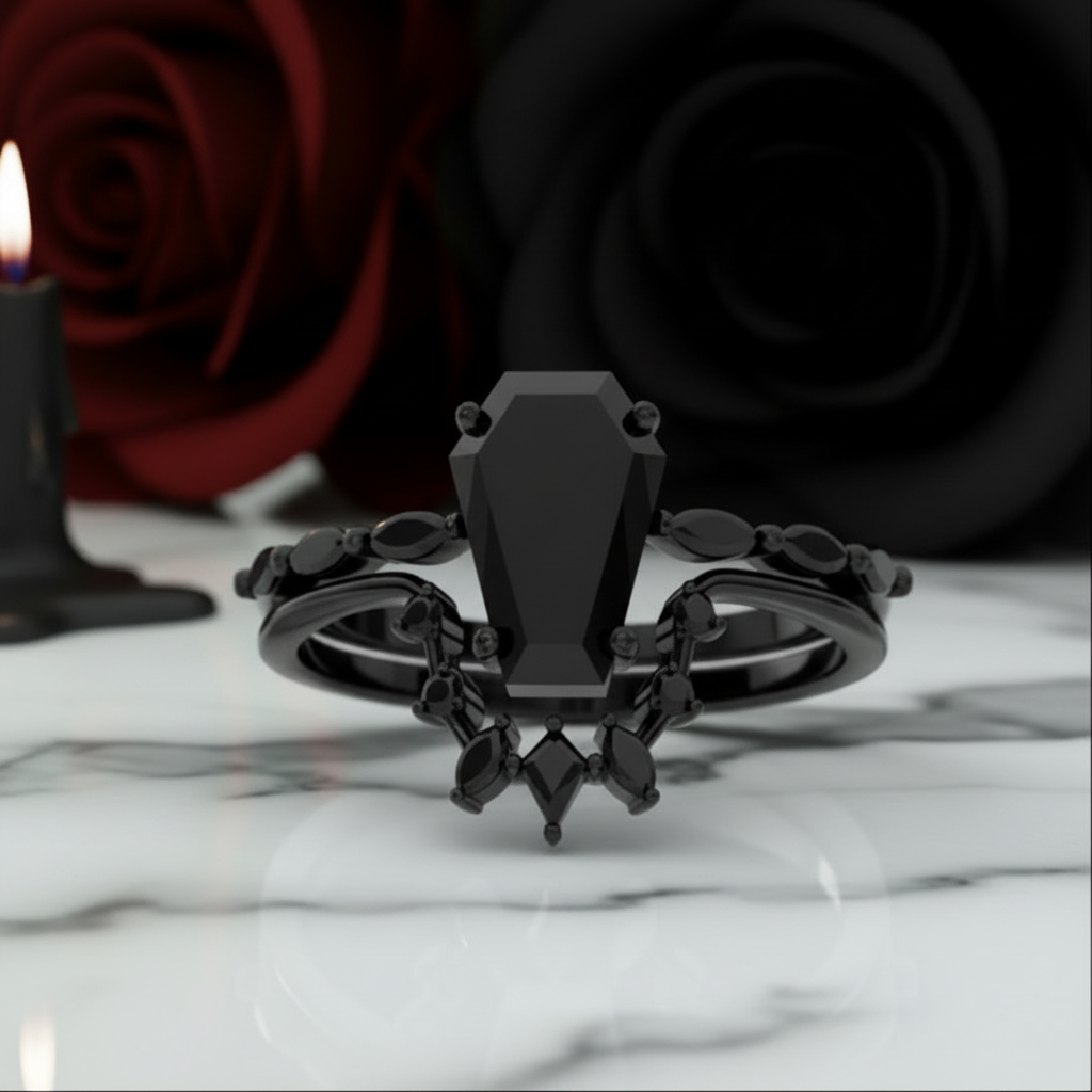 Devoted To You - Limited Coffin Cut Diamond Option Gothic Ring Set-Black Diamonds New York