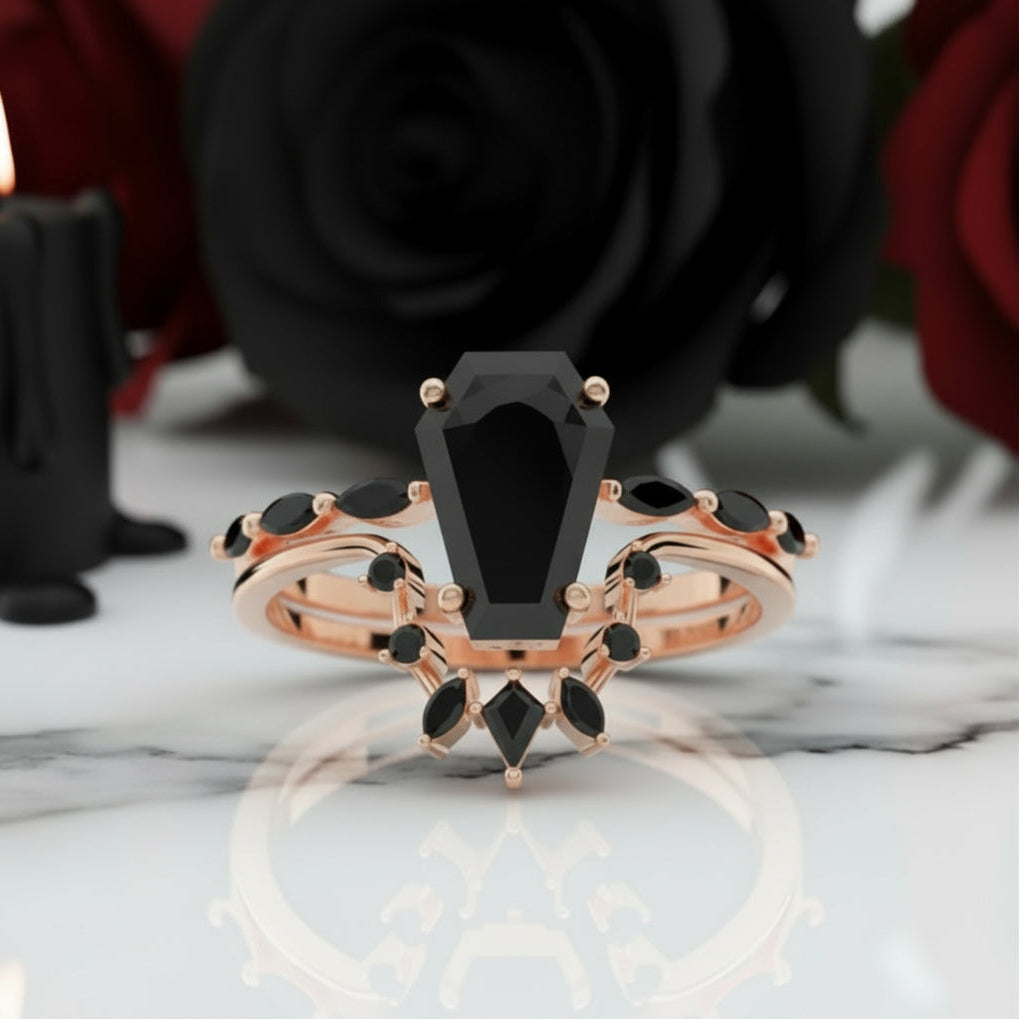 Devoted To You - Limited Coffin Cut Diamond Option Gothic Ring Set-Black Diamonds New York