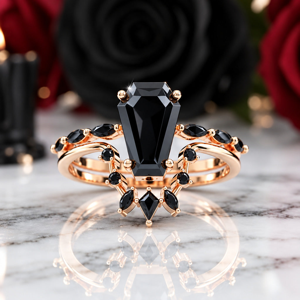 Devoted To You - Limited Coffin Cut Diamond Option Gothic Ring Set-Black Diamonds New York