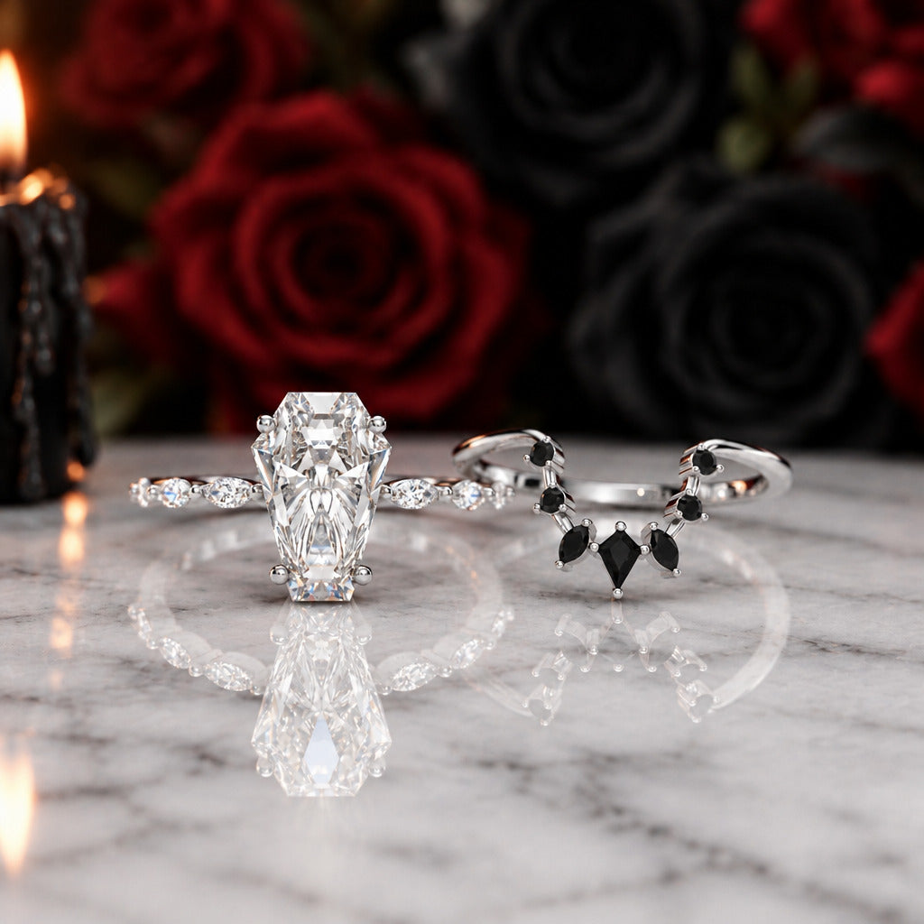 Devoted To You - Limited Coffin Cut Diamond Option Gothic Ring Set-Black Diamonds New York