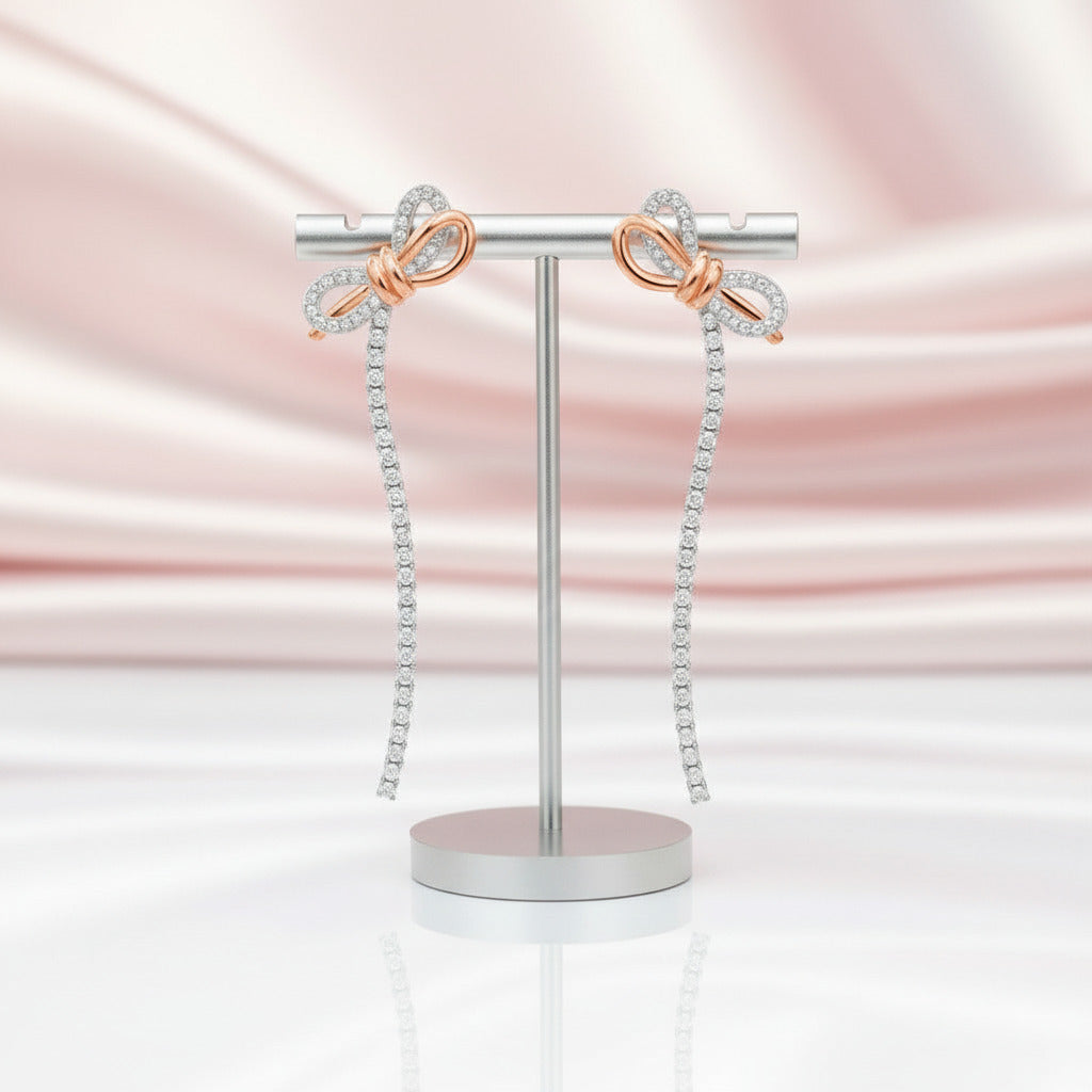 Round Diamond Option Bow Tassel Temperamental Long Earrings-Black Diamonds New York