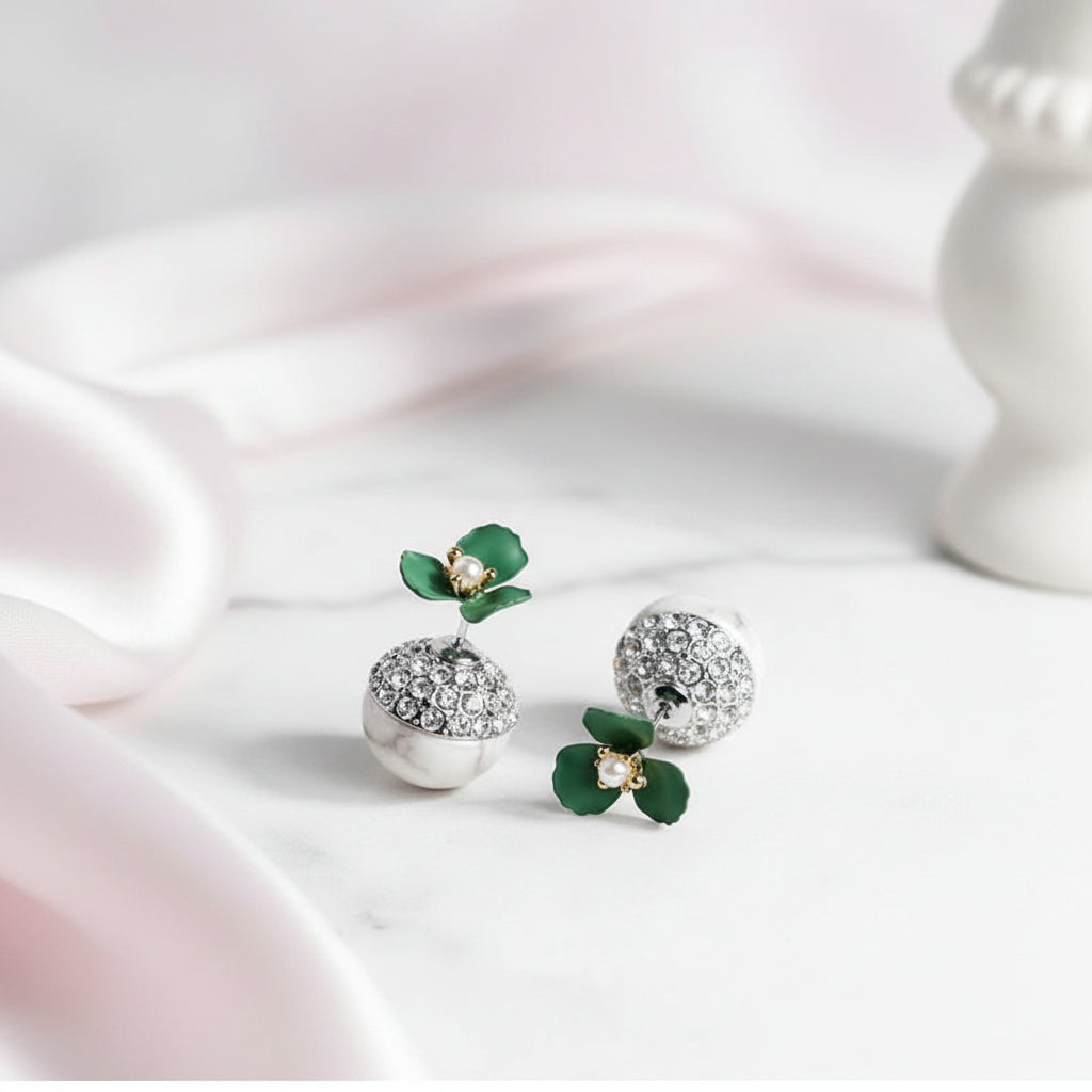 Diamond Option Deep Green Flower Double-sided Pearl Earrings-Black Diamonds New York