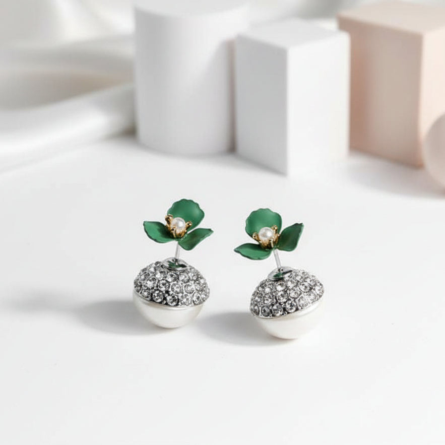 Diamond Deep Green Flower Double-sided Pearl Earrings-Black Diamonds New York