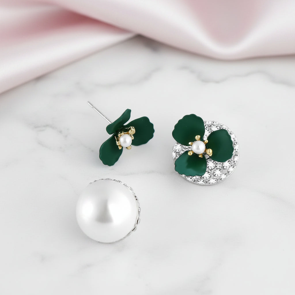 Diamond Option Deep Green Flower Double-sided Pearl Earrings-Black Diamonds New York
