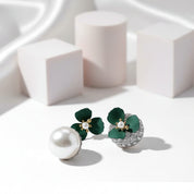 Diamond Deep Green Flower Double-sided Pearl Earrings-Black Diamonds New York