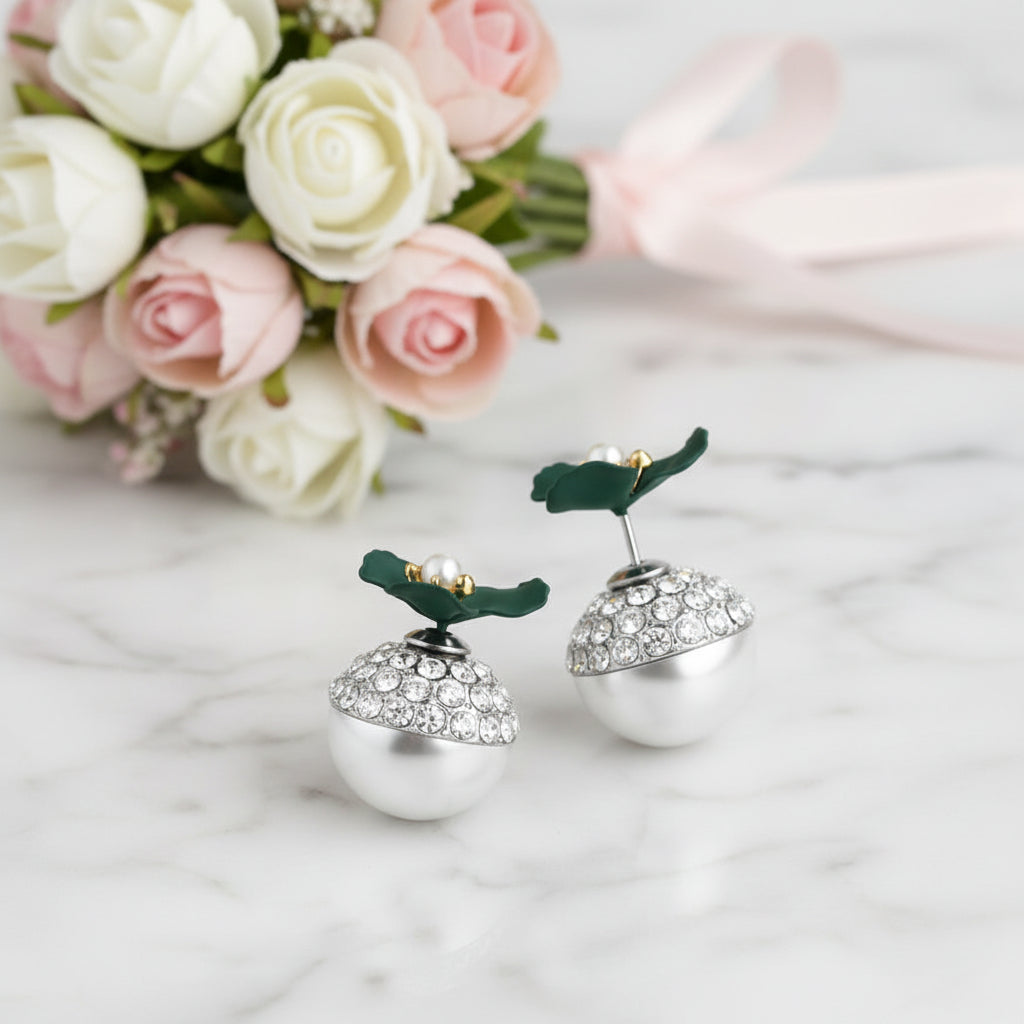 Diamond Option Deep Green Flower Double-sided Pearl Earrings-Black Diamonds New York