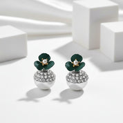 Diamond Deep Green Flower Double-sided Pearl Earrings-Black Diamonds New York