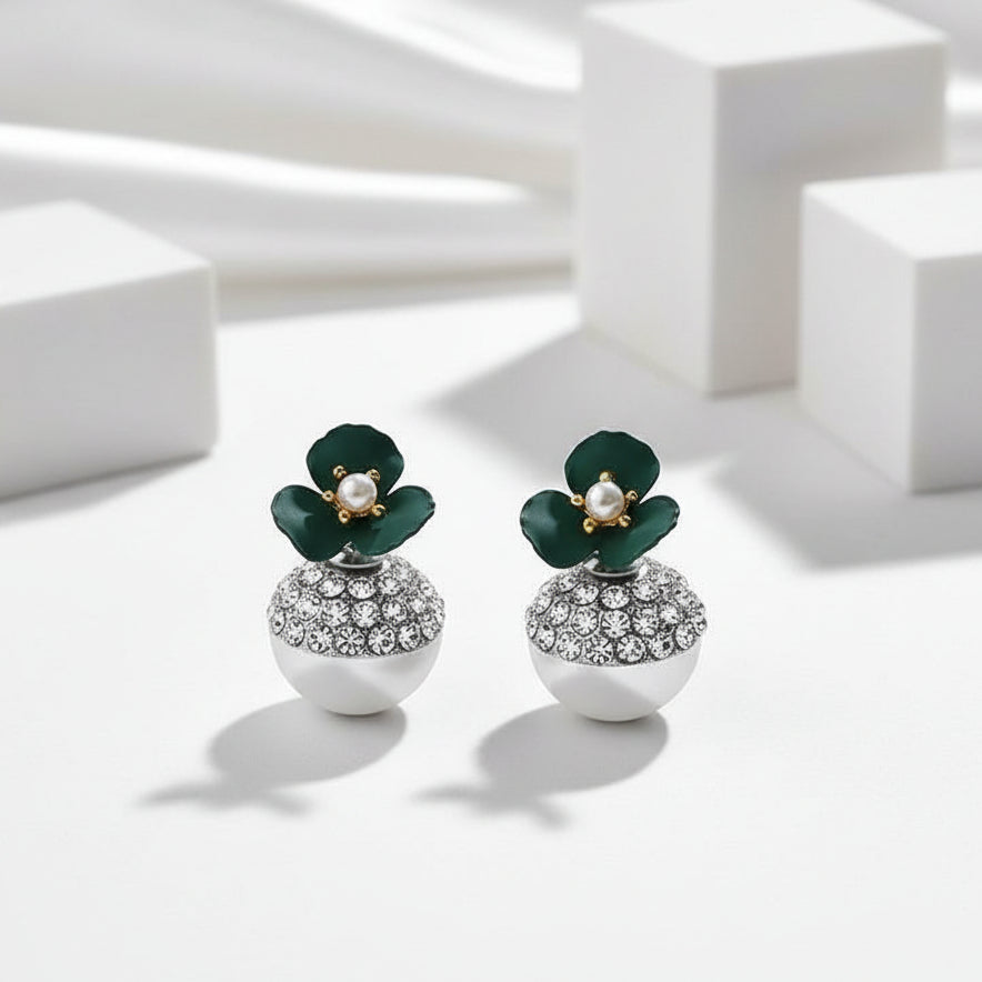 Diamond Deep Green Flower Double-sided Pearl Earrings-Black Diamonds New York