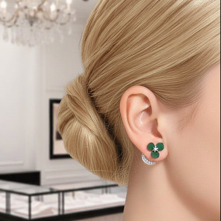 Diamond Option Deep Green Flower Double-sided Pearl Earrings-Black Diamonds New York
