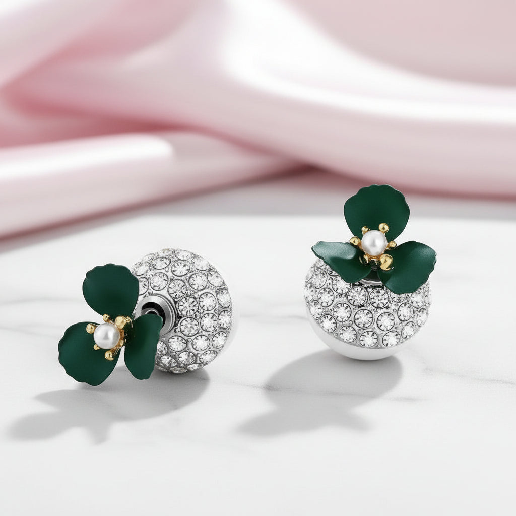 Diamond Option Deep Green Flower Double-sided Pearl Earrings-Black Diamonds New York
