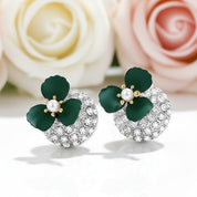 Diamond Deep Green Flower Double-sided Pearl Earrings-Black Diamonds New York