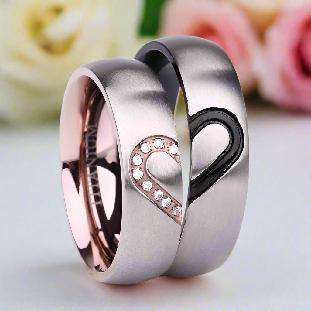 Dome Heart Shape Inlay Titanium Couple Wedding Band-Black Diamonds New York