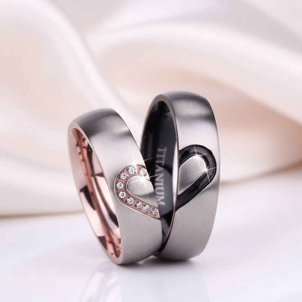 Dome Heart Shape Inlay Titanium Couple Wedding Band-Black Diamonds New York