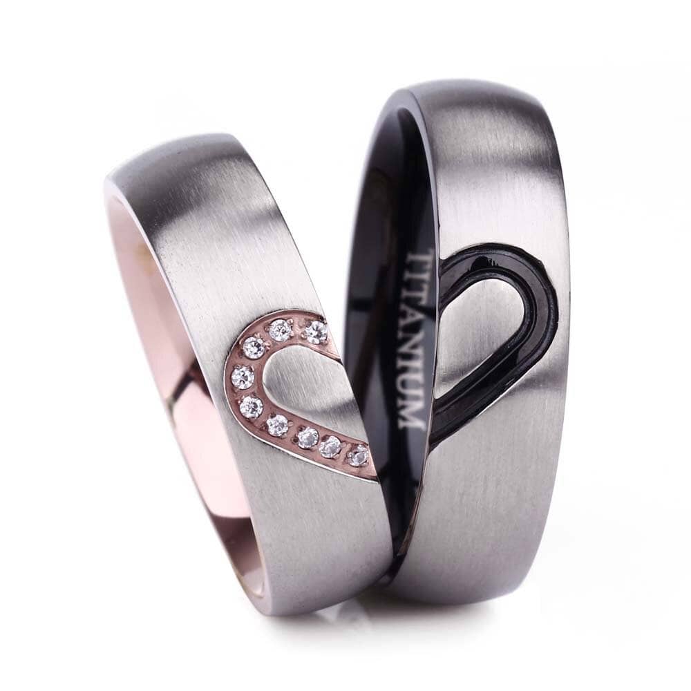 Dome Heart Shape Inlay Titanium Couple Wedding Band-Black Diamonds New York