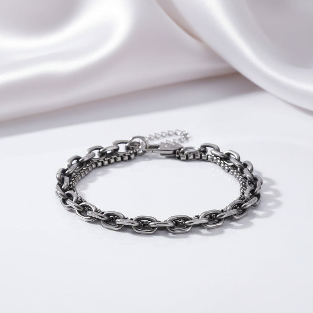 Double Chain Cable Box Link Bracelet-Black Diamonds New York