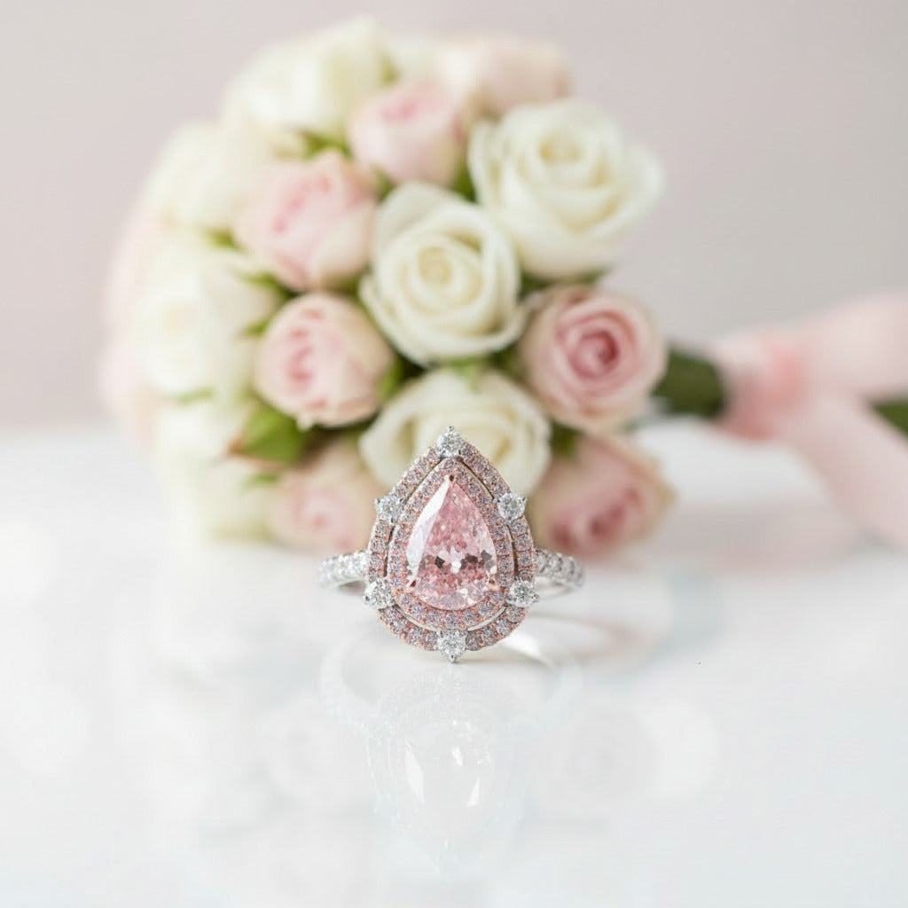 Double Halo 2.0Ct 2-Tone Romantic Pink Pear Cut Engagement Ring-Black Diamonds New York