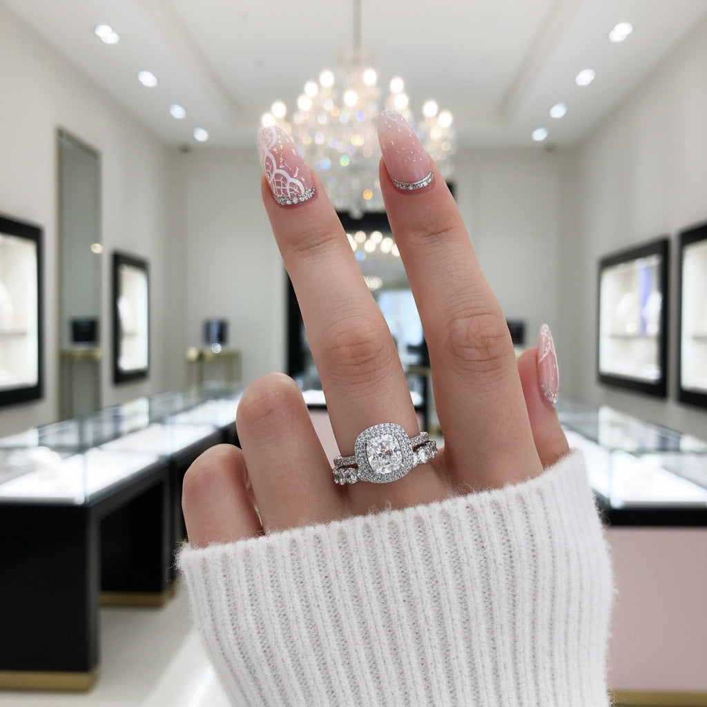 Double Halo 3.0 Carat Cushion Cut Wedding Ring Set-Black Diamonds New York
