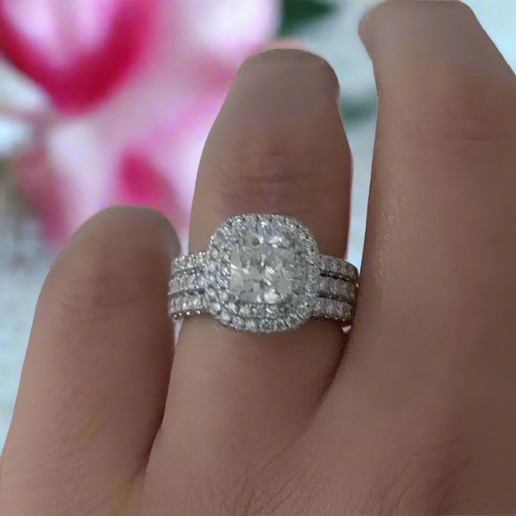 Double Halo Cushion Cut 3-Pieces Wedding Set-Black Diamonds New York