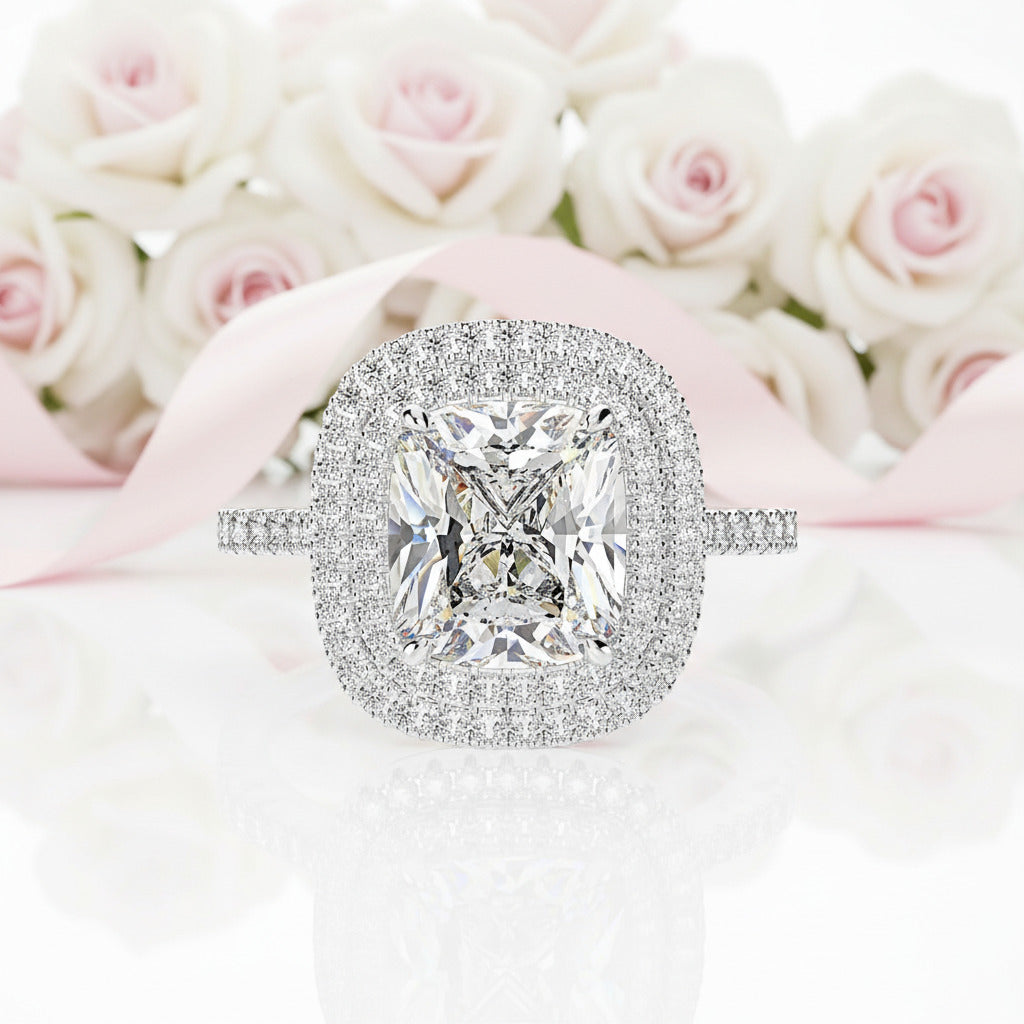 Double Halo Cushion Cut 3-Pieces Wedding Set-Black Diamonds New York