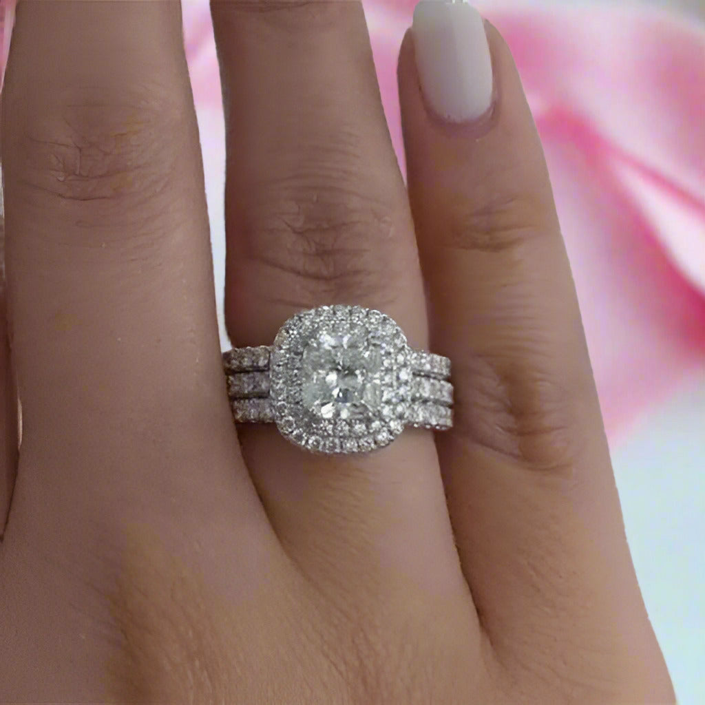 Double Halo Cushion Cut 3-Pieces Wedding Set-Black Diamonds New York