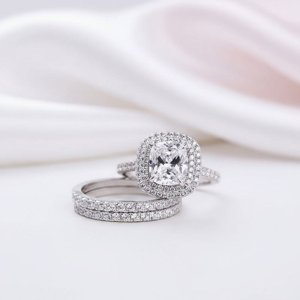 Double Halo Cushion Cut 3-Pieces Wedding Set-Black Diamonds New York