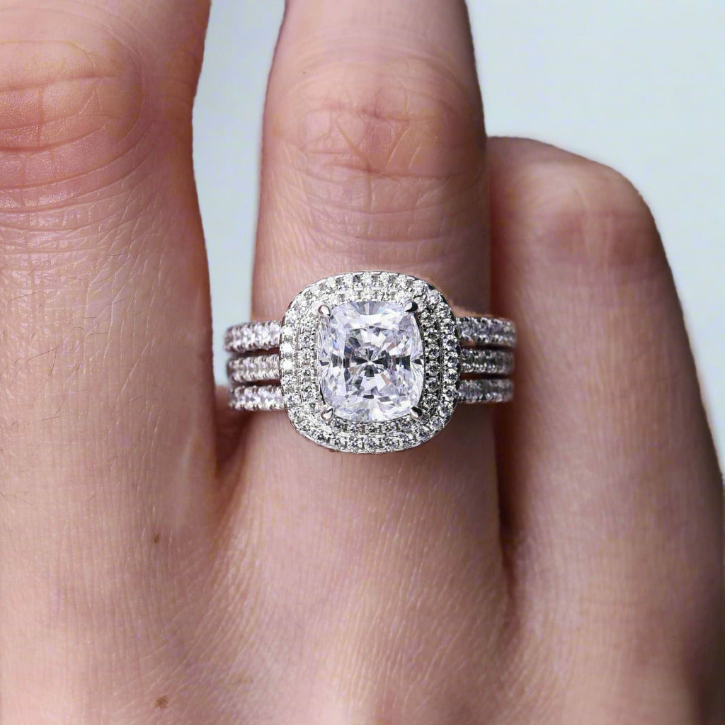 Double Halo Cushion Cut 3-Pieces Wedding Set-Black Diamonds New York