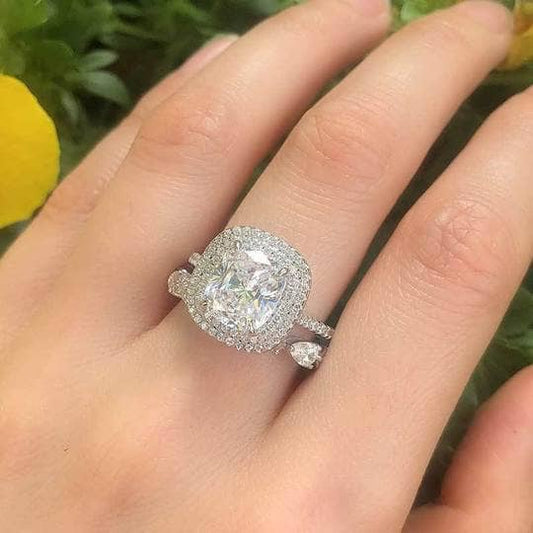 Double Halo Cushion Cut Wedding Ring Set In White Gold - Black Diamonds New York