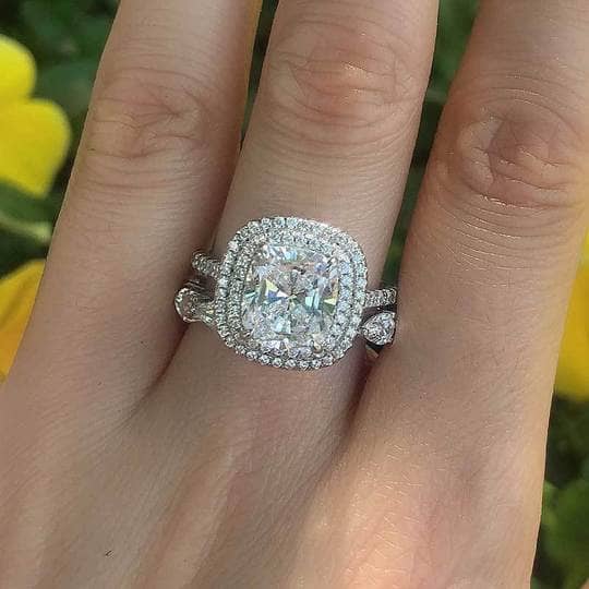 Double Halo Cushion Cut Wedding Ring Set In White Gold-Black Diamonds New York